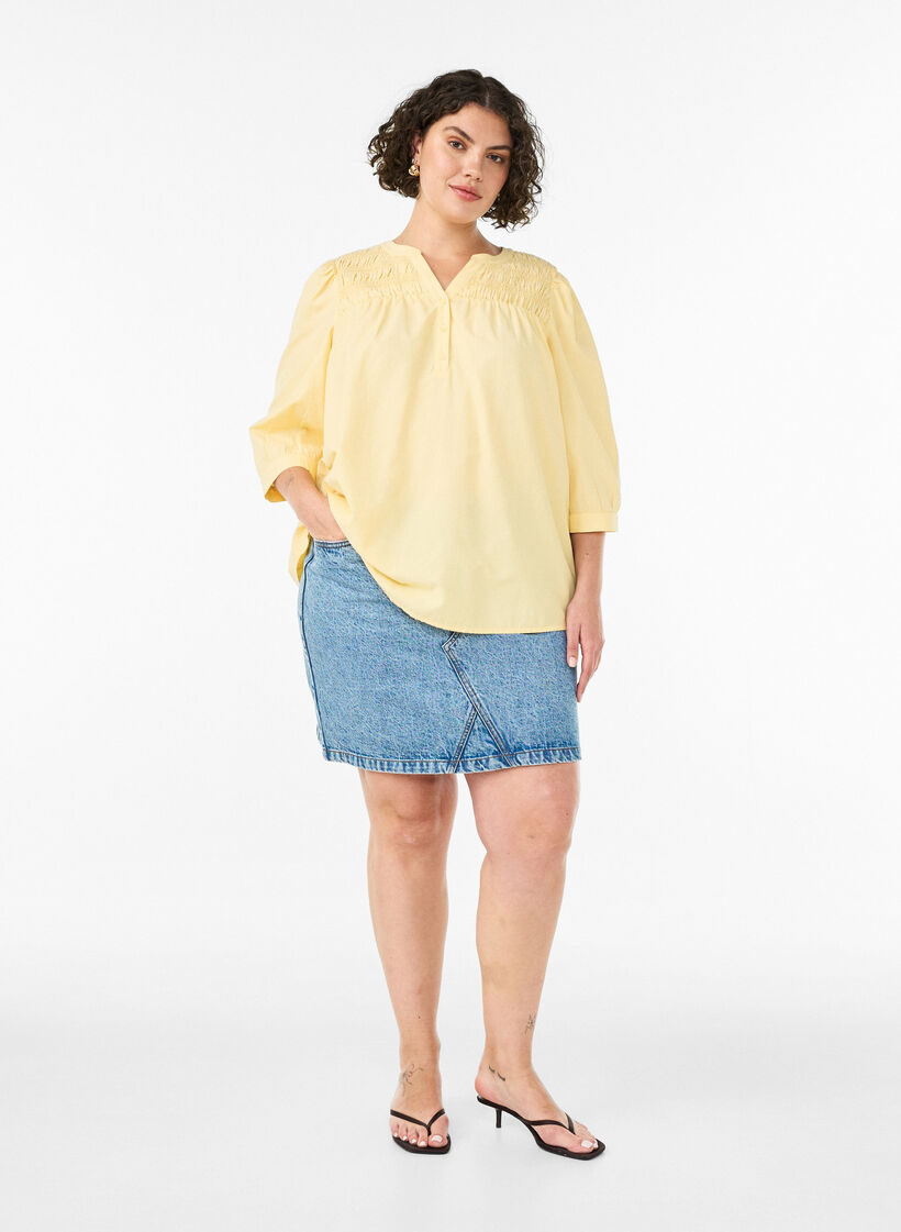 Blouse with smock and 3/4 sleeves, Yellow, Model image number 1