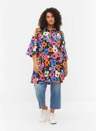 Floral tunic with 3/4 sleeves, Vibrant Flower AOP, Model image number 2