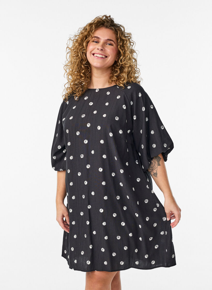 Short viscose dress with balloon sleeves, Black, Model