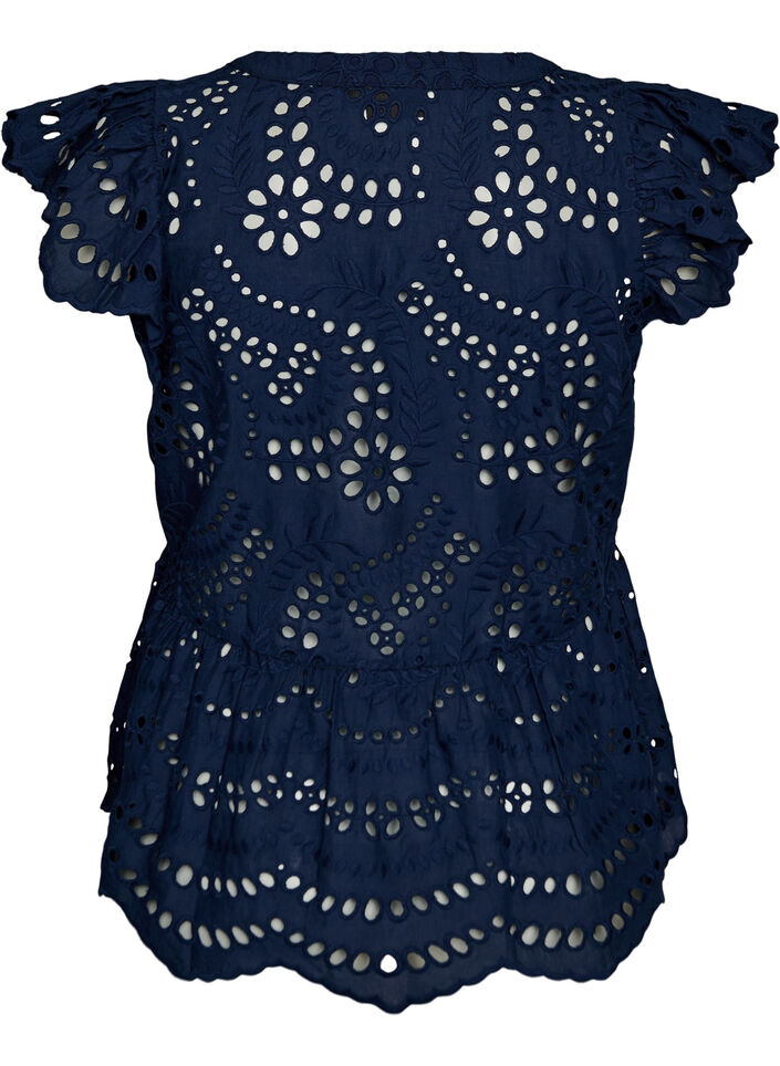 Sleeveless broderie anglaise blouse with ruffles, Blue, Packshot image number 1