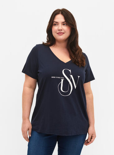 Cotton t-shirt with print, Navy Blazer SUN, Model image number 0