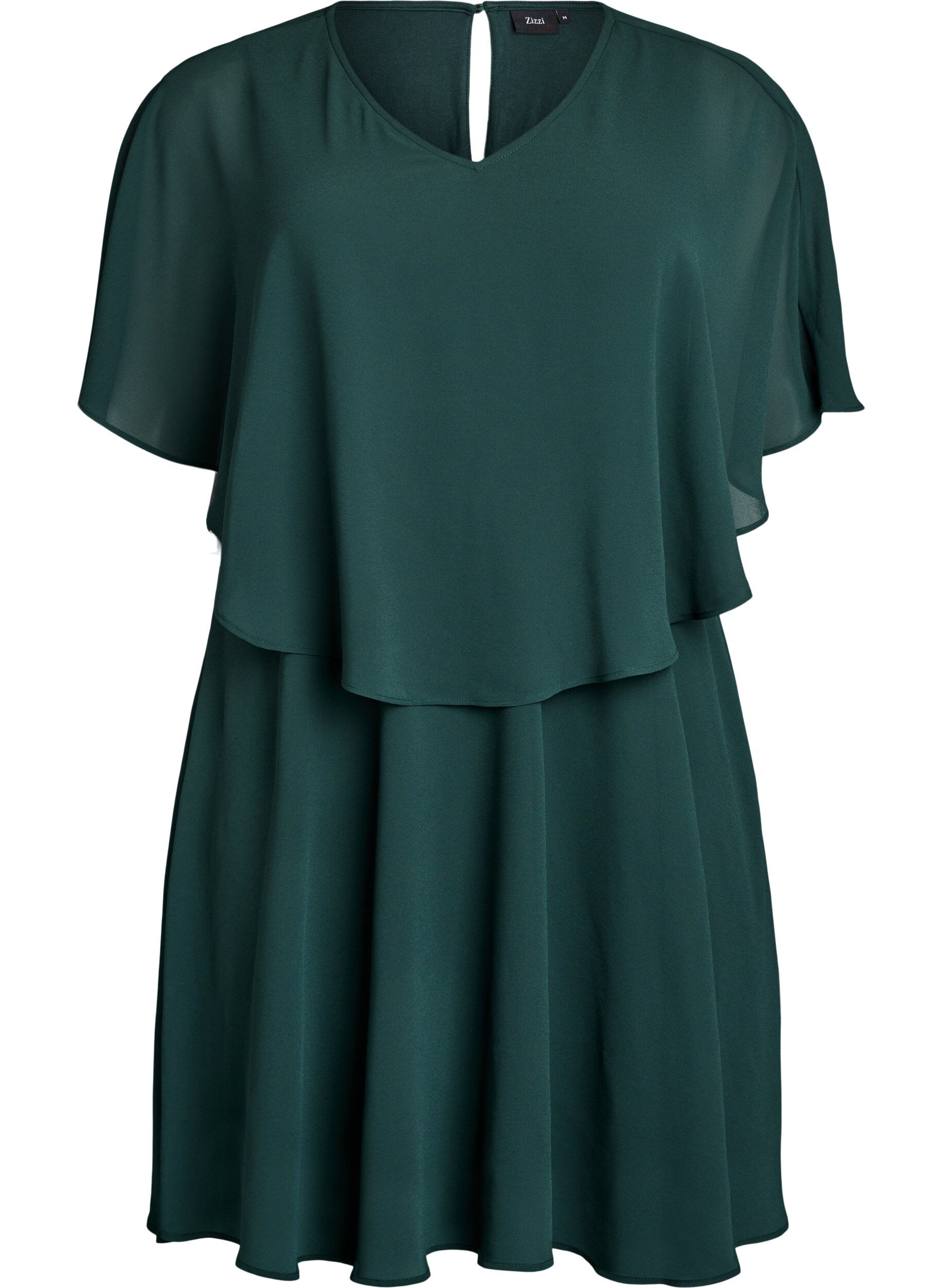 Zizzifashion Short chiffon party dress with layered effect, Green, Packshot image number 0