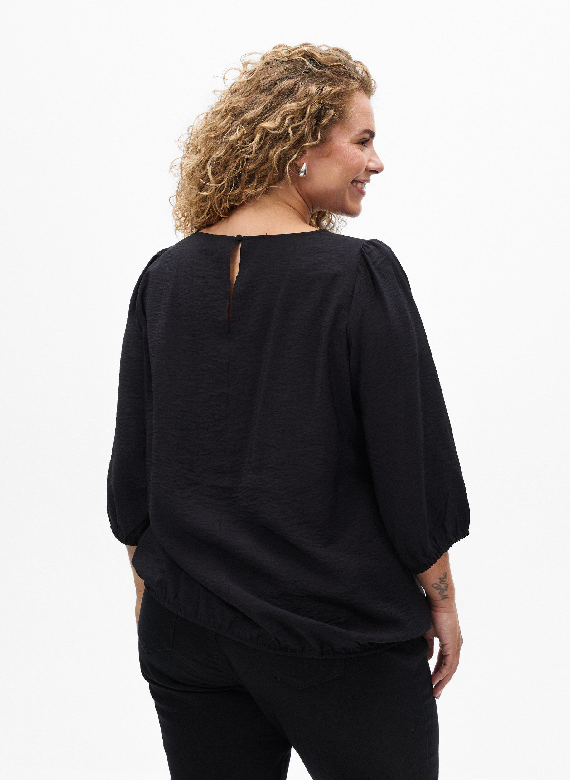 ZizzifashionBlouse with 3/4 sleeves and lace details, Black, Model image number 2