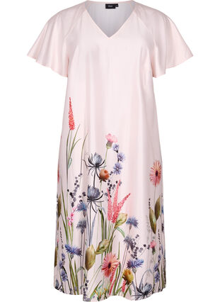 Midi dress with floral print and short sleeves, White Sand, Packshot image number 0