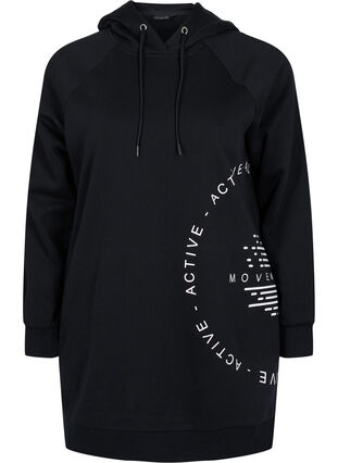 Long sweatshirt with a hood and print details, Black w. Logo Print, Packshot image number 0
