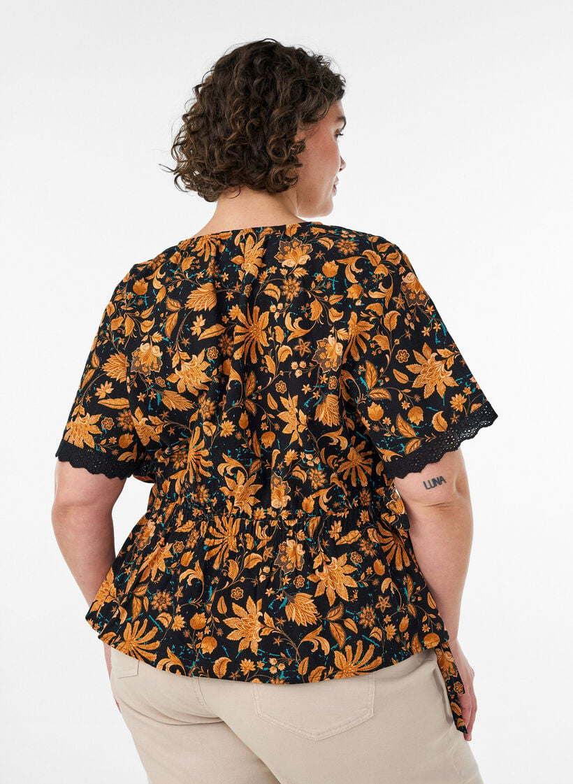 Floral cotton blouse with tie-fastening, Orange, Model image number 2