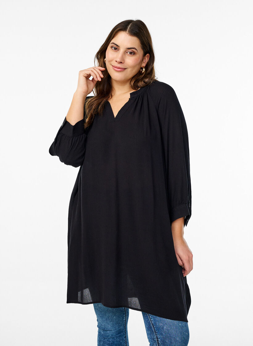 Tunic with 3/4 sleeves and an A-line cut, Black, Model image number 0