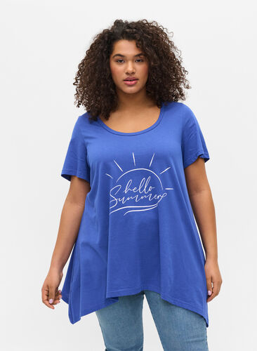 Short-sleeved cotton t-shirt with a-line, Dazzling Blue HELLO , Model image number 0