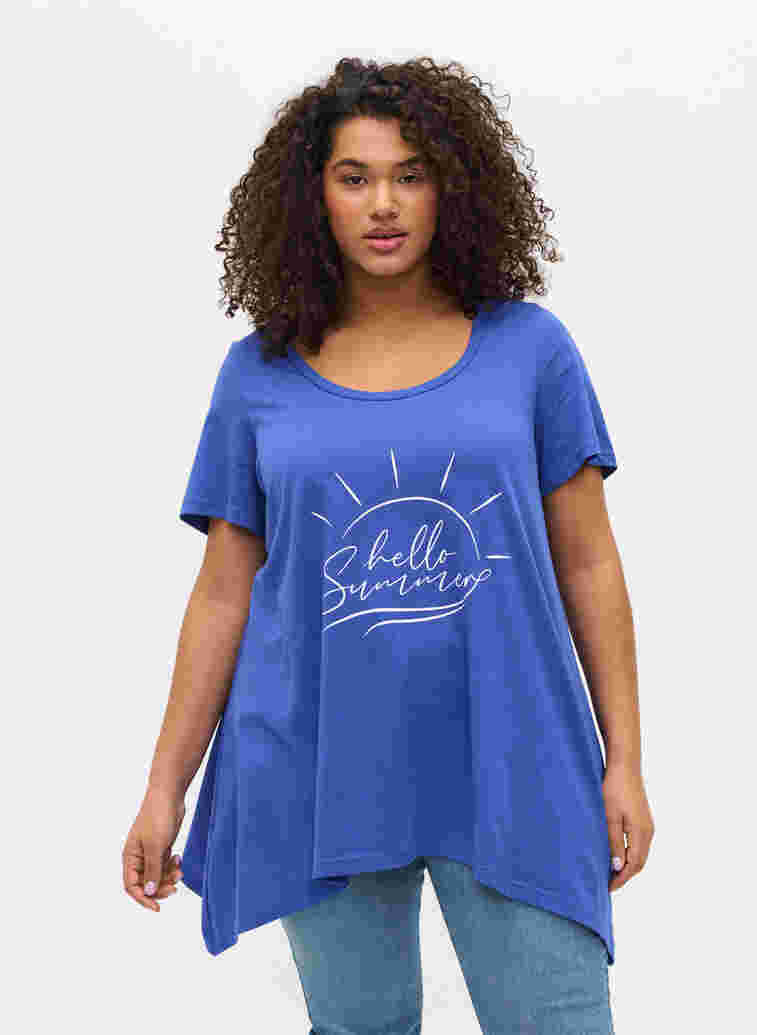 Short-sleeved cotton t-shirt with a-line, Dazzling Blue HELLO , Model
