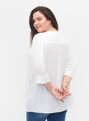 Viscose blouse with 3/4 sleeves and ruffle details, Bright White, Model image number 1