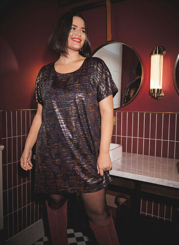 Short-sleeved sequins dress with a round neck, Blue Brown Sequins, Image image number 0