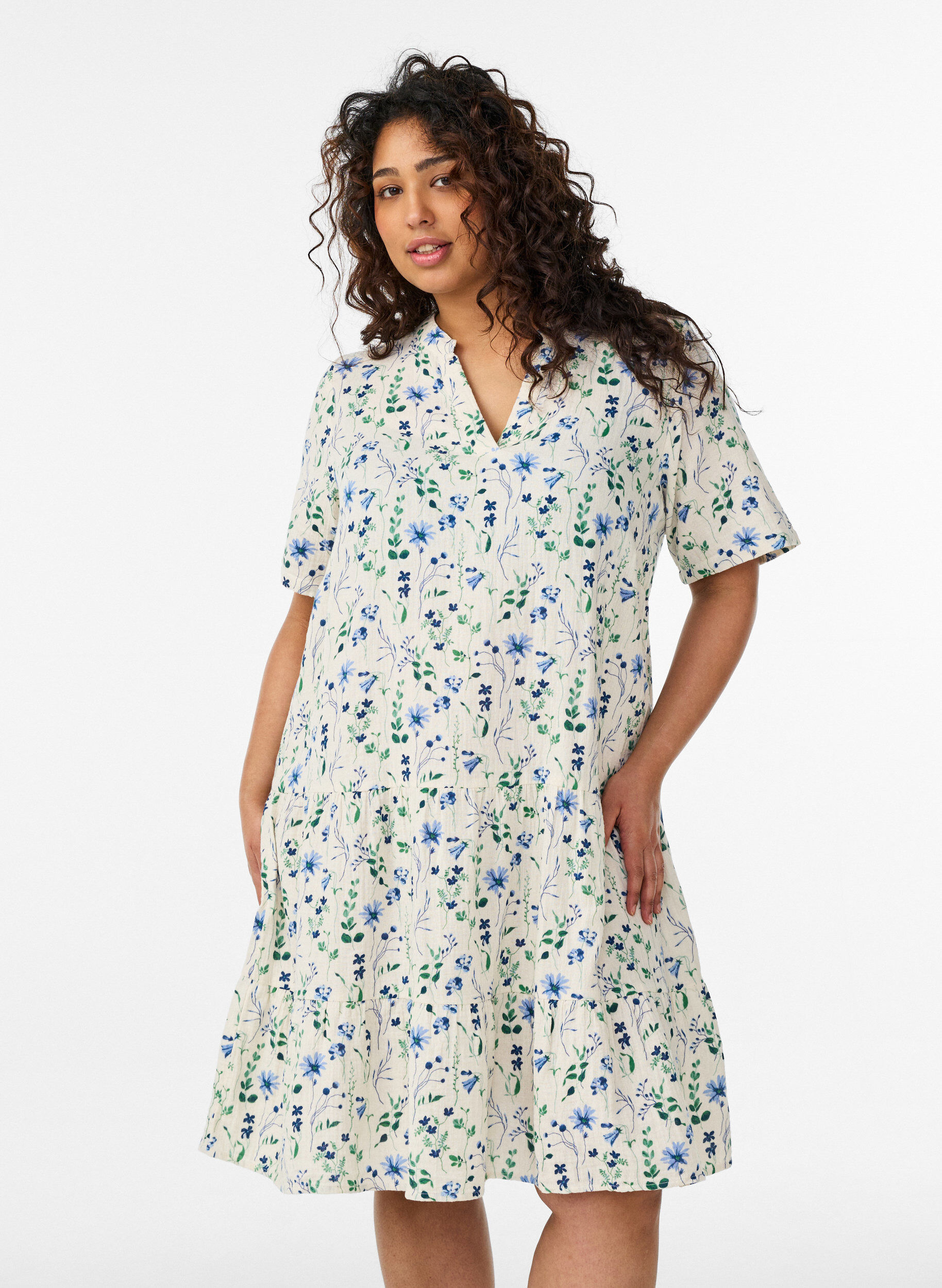 ZizzifashionShort A-line dress in cotton muslin, Beige, Model image number 0