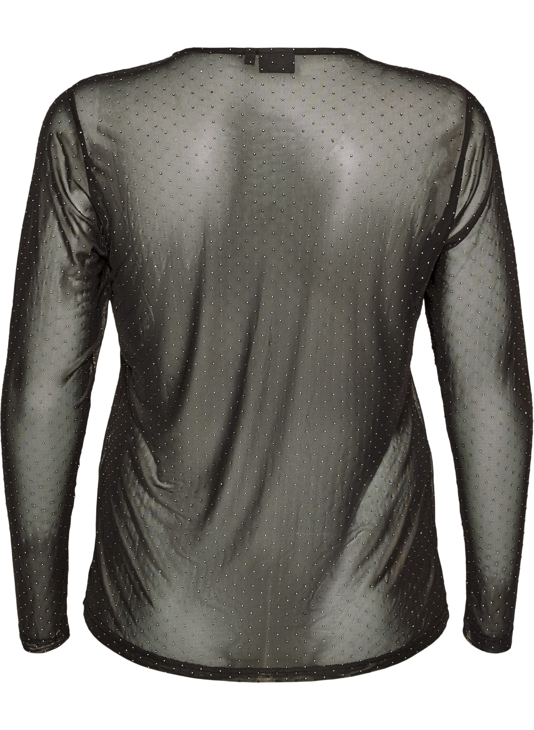 ZizzifashionSheer mesh blouse with rhinestones, Black, Packshot image number 1
