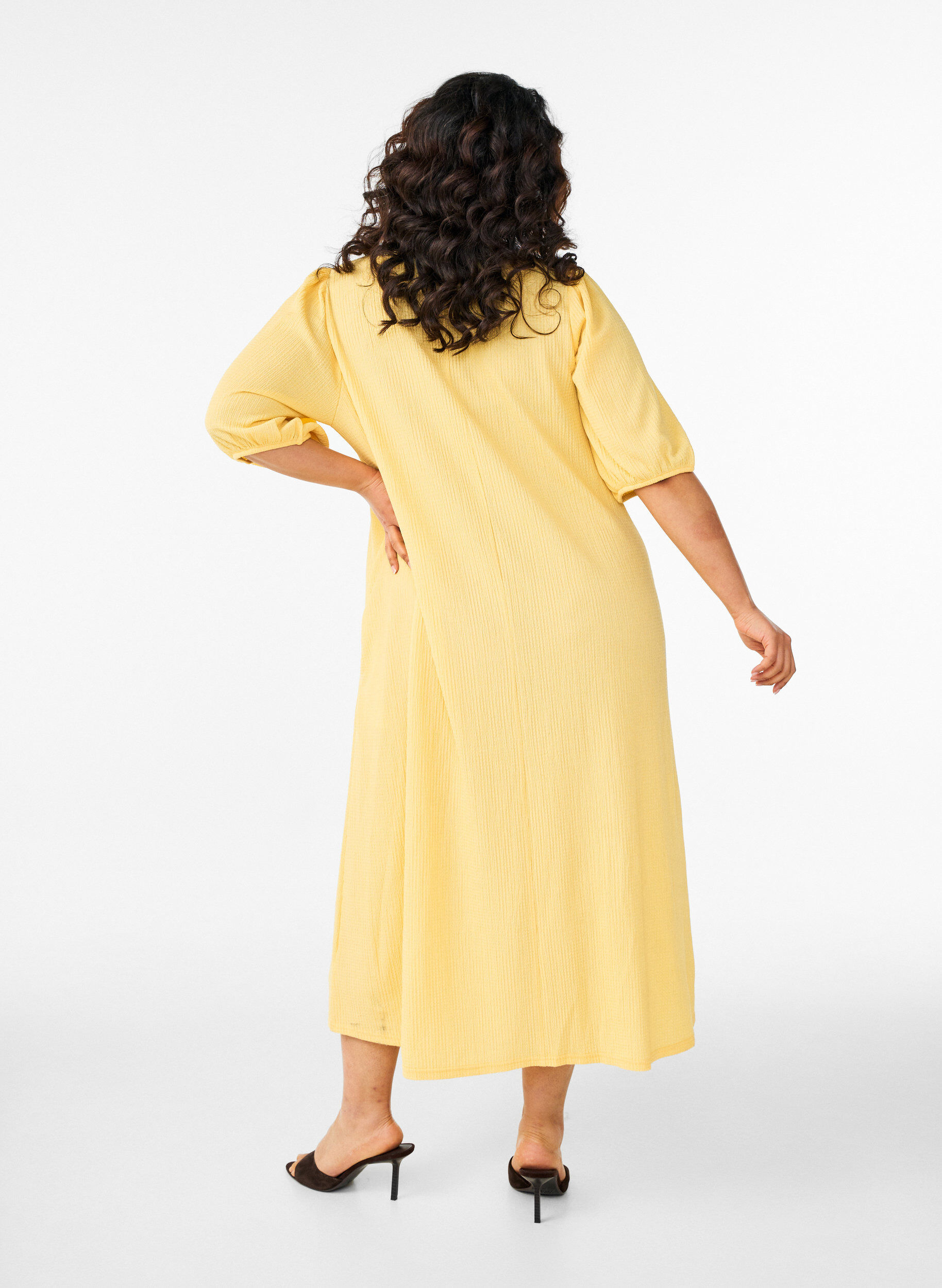 ZizzifashionMidi dress with V-neck and texture, Yellow, Model image number 1