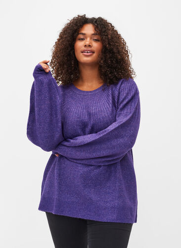 Melange knitted jumper with rib and balloon sleeves, Ultra Violet Mel., Model image number 0