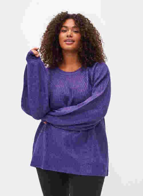 Melange knitted jumper with rib and balloon sleeves