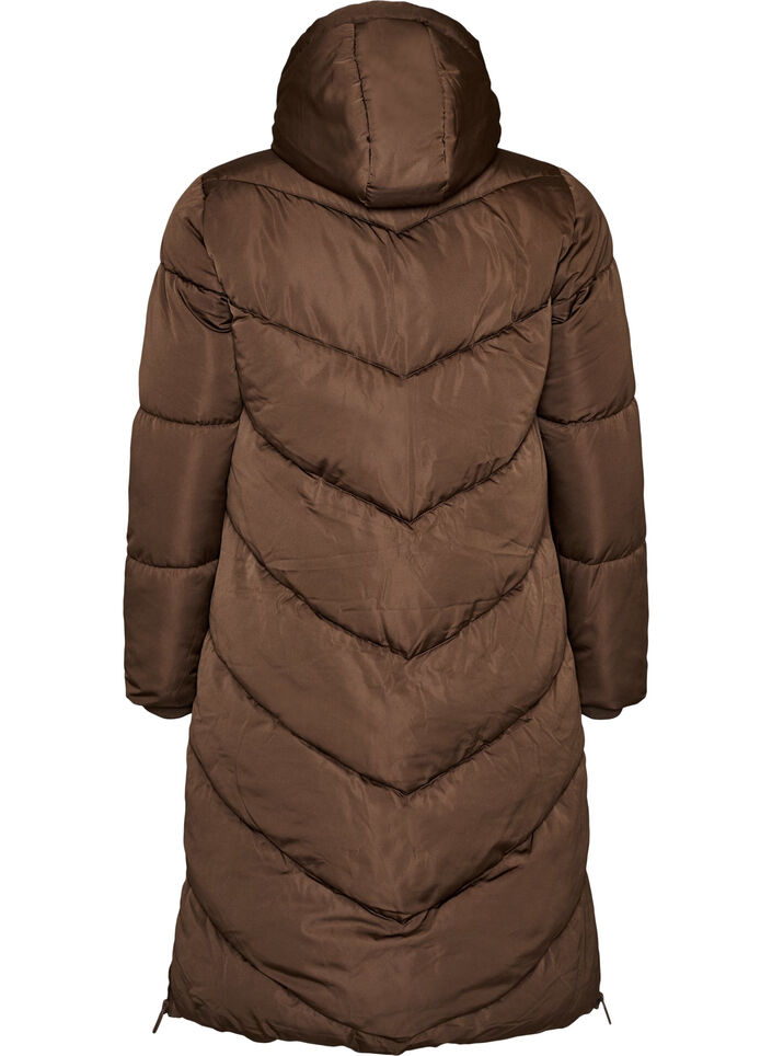 Long puffer coat with hood and pockets, Brown, Packshot image number 1