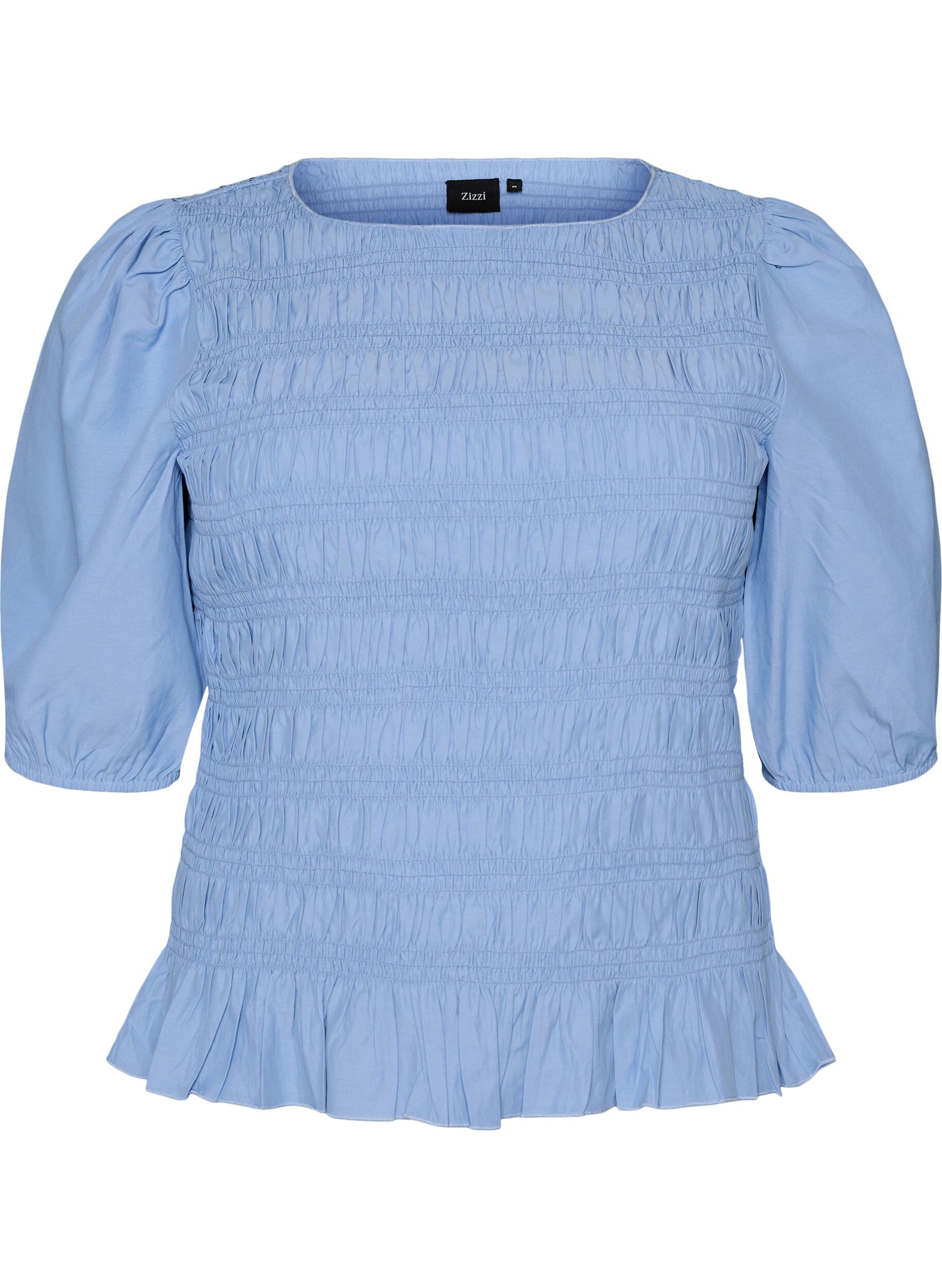 ZizzifashionSmock blouse with a ruffle hem and boat neck, Blue, Packshot image number 0