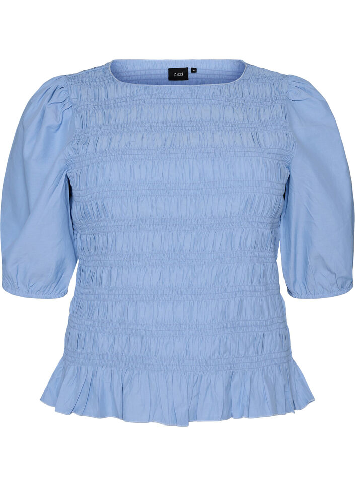 Smock blouse with a ruffle hem and boat neck, Blue, Packshot image number 0