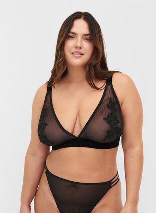 Mesh bra with velour and lace, Black, Model image number 0