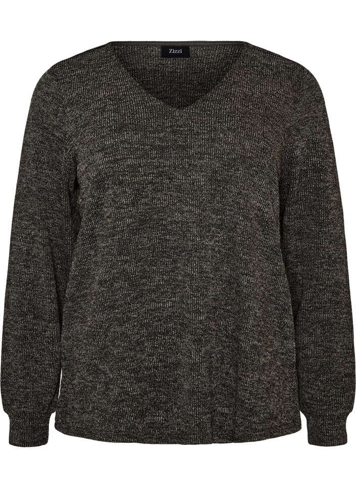 Jersey blouse with a V-neck and long sleeves, Black, Packshot image number 0