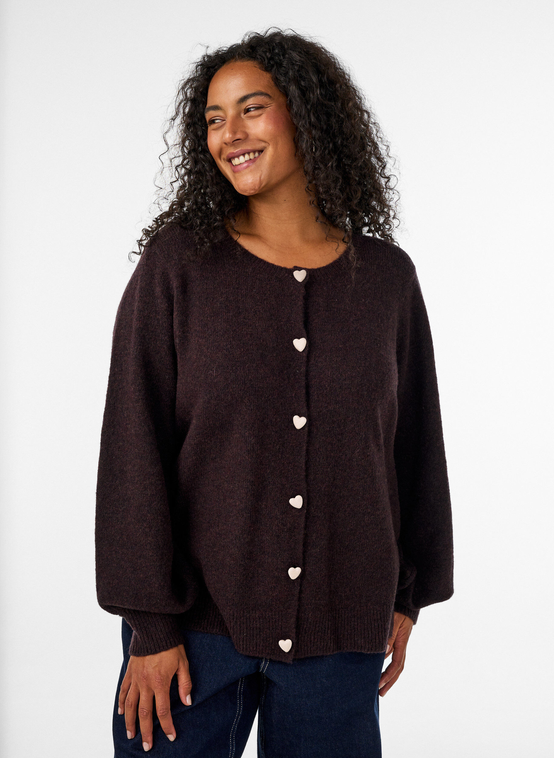 ZizzifashionCardigan with heart-shaped buttons, Brown, Model image number 0