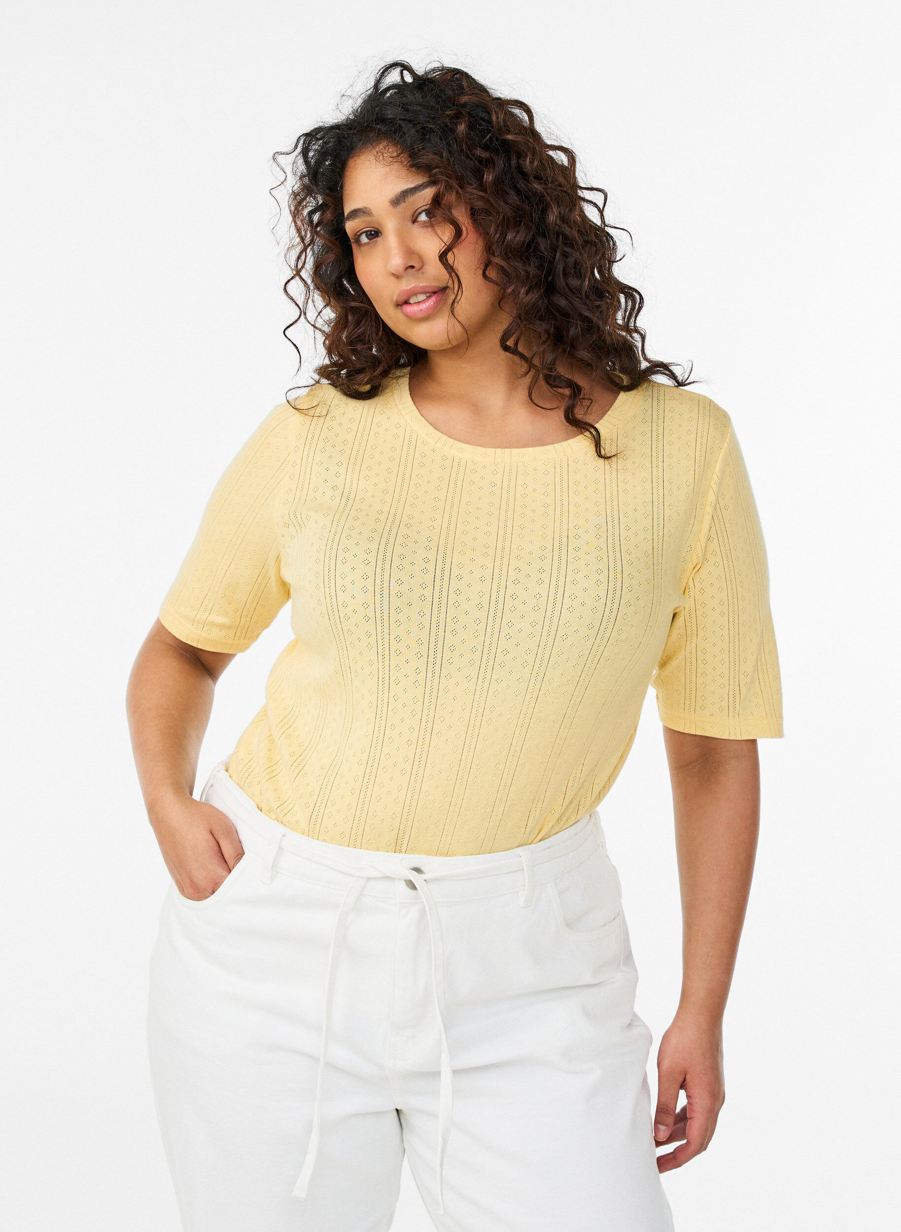 Zizzifashion Cotton T-shirt with eyelet embroidery, Yellow, Model image number 0