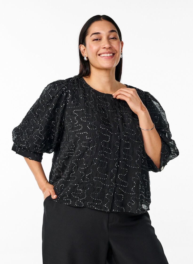 Party blouse with sequins and 1/2 sleeves, Black, Model image number 0