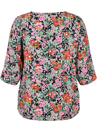 Floral blouse with 3/4 sleeves, Green Flower AOP, Packshot image number 1