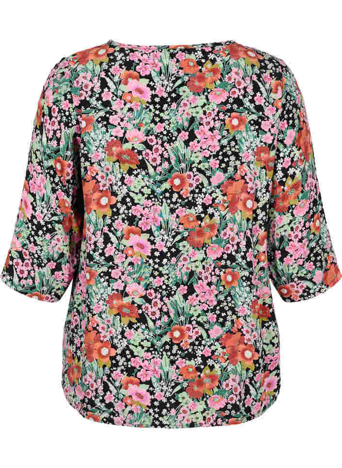 Floral blouse with 3/4 sleeves, Green Flower AOP, Packshot image number 1