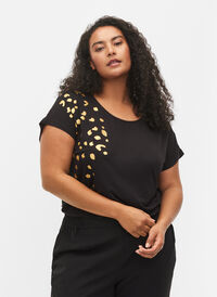 Short sleeved viscose t-shirt with gold print, Black Gold , Model