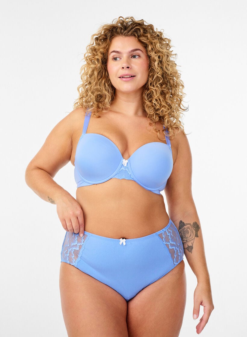 Moulded microfibre bra with lace detail and bow, Blue, Model image number 1