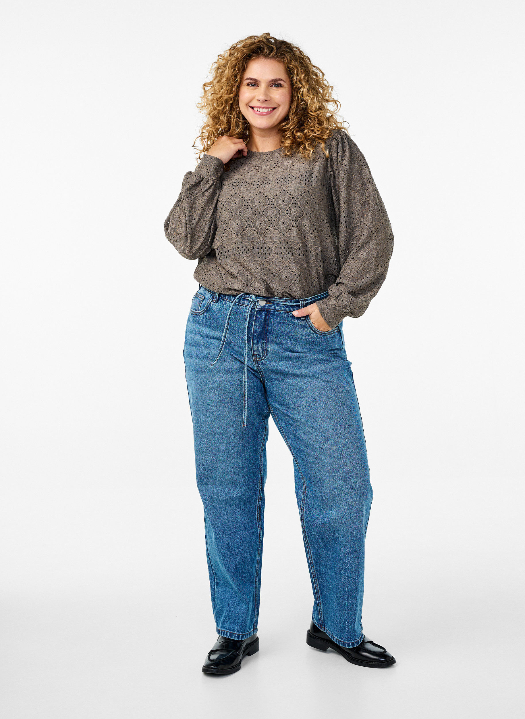 Zizzifashion Long-sleeved blouse with an openwork pattern, Brown, Model image number 1