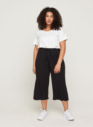 Loose culotte trousers in rib fabric, Black, Model image number 3