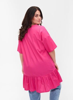 Short-sleeved A-line tunic in cotton, Magenta, Model image number 1