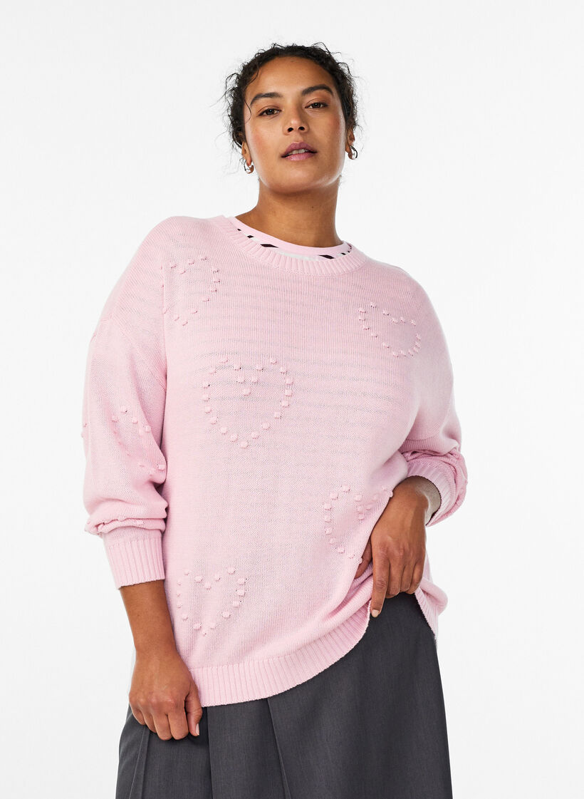 Loose knit blouse with heart pattern, Pink, Model image number 0