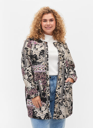 Quilted jacket with paisley print and button closure, Black Patchwork AOP, Model image number 0
