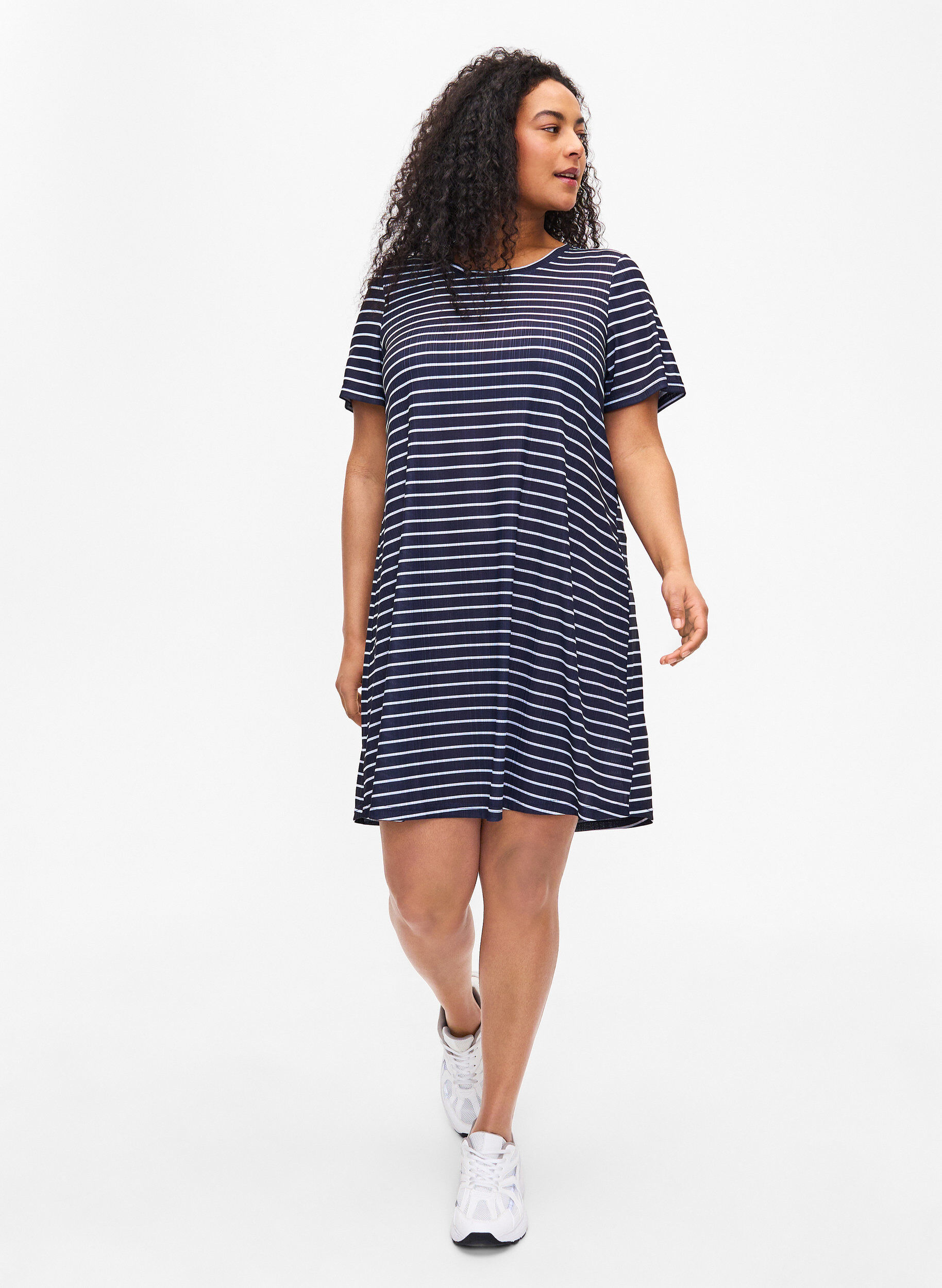Zizzifashion FLASH - Striped dress with short sleeves, Night S. W. Stripe, Model image number 2
