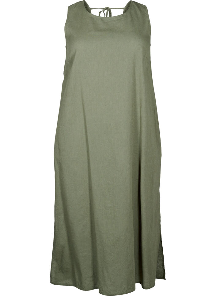 Sleeveless cotton blend dress with linen, Deep Lichen Green, Packshot image number 0