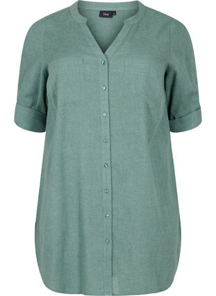 Long shirt with 3/4 sleeves and v-neckline, Balsam Green, Packshot image number 0