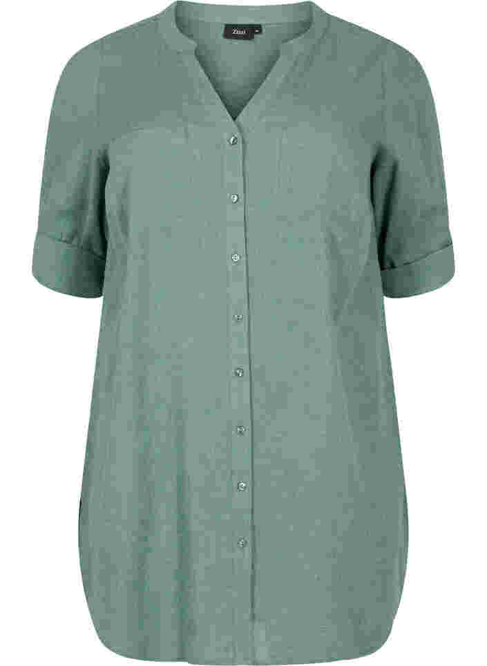 Long shirt with 3/4 sleeves and v-neckline, Balsam Green, Packshot image number 0