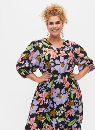 Floral viscose midi dress with 3/4 sleeves, Purple Green Flower, Model image number 2
