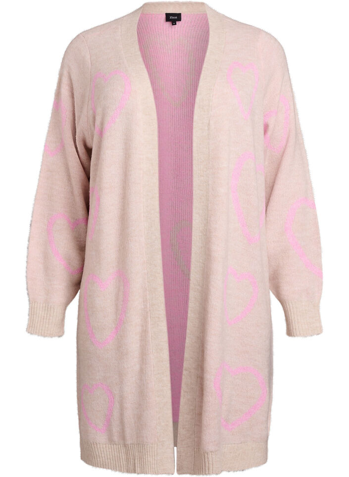 Long cardigan with tone-on-tone hearts, Beige, Packshot image number 0