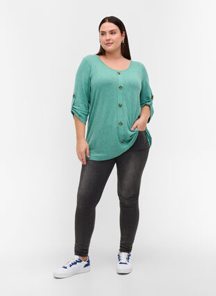 Blouse with buttons and 3/4 sleeves, Dusty Jade Green M., Model image number 2