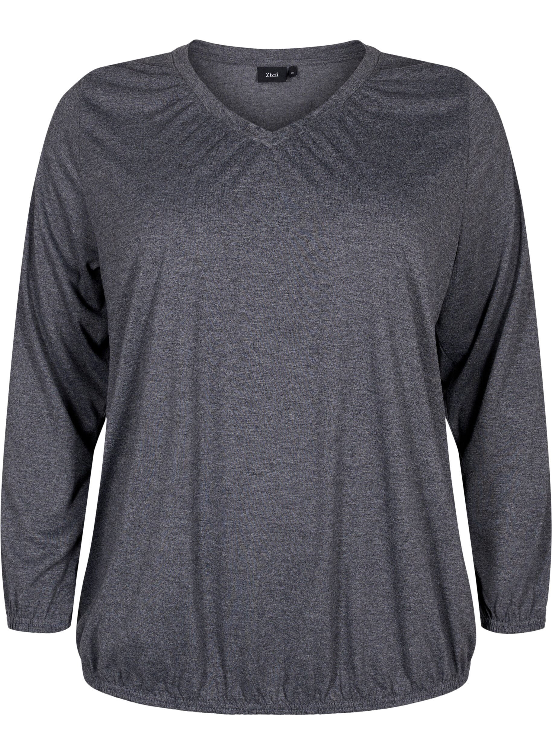 Zizzifashion Melange top with long sleeves and v cutting, Dark Grey Melange, Packshot image number 0