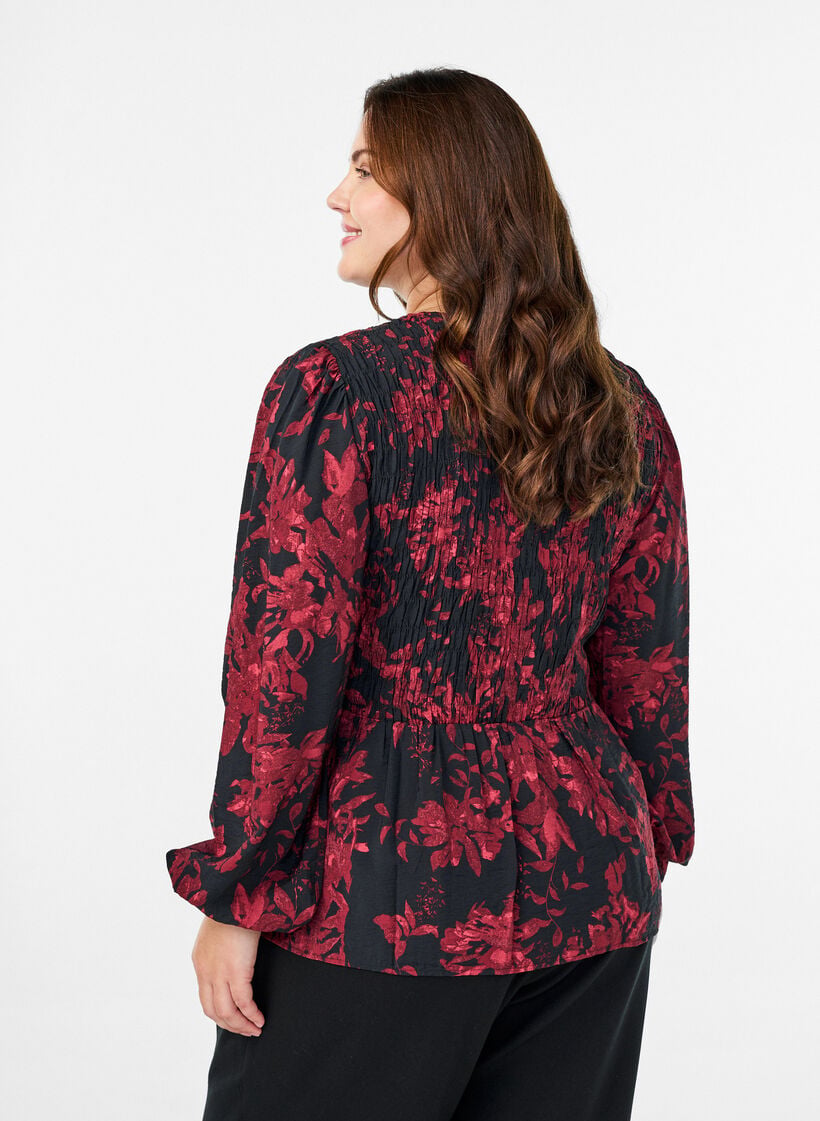 Blouse with smock and long sleeves, Black, Model image number 2