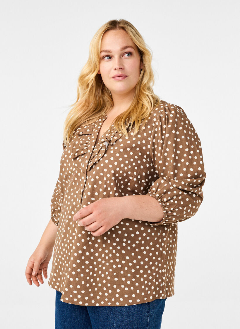 3/4 sleeve cotton blouse with polka dots, Coca Mocha Dot , Model image number 0