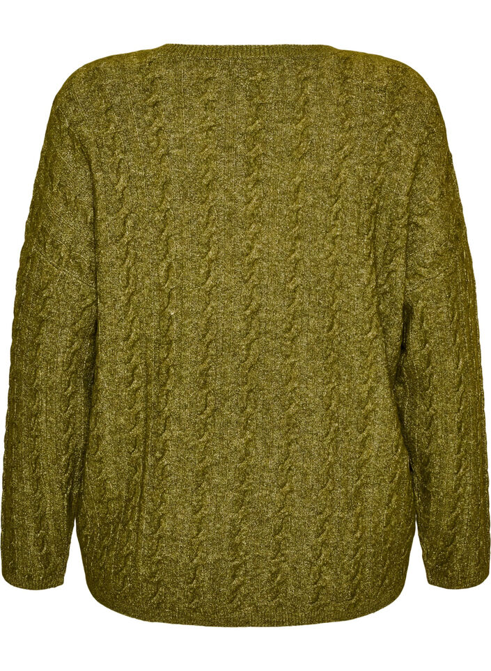 Knitted blouse with cable knit and V-neck, Green, Packshot image number 1