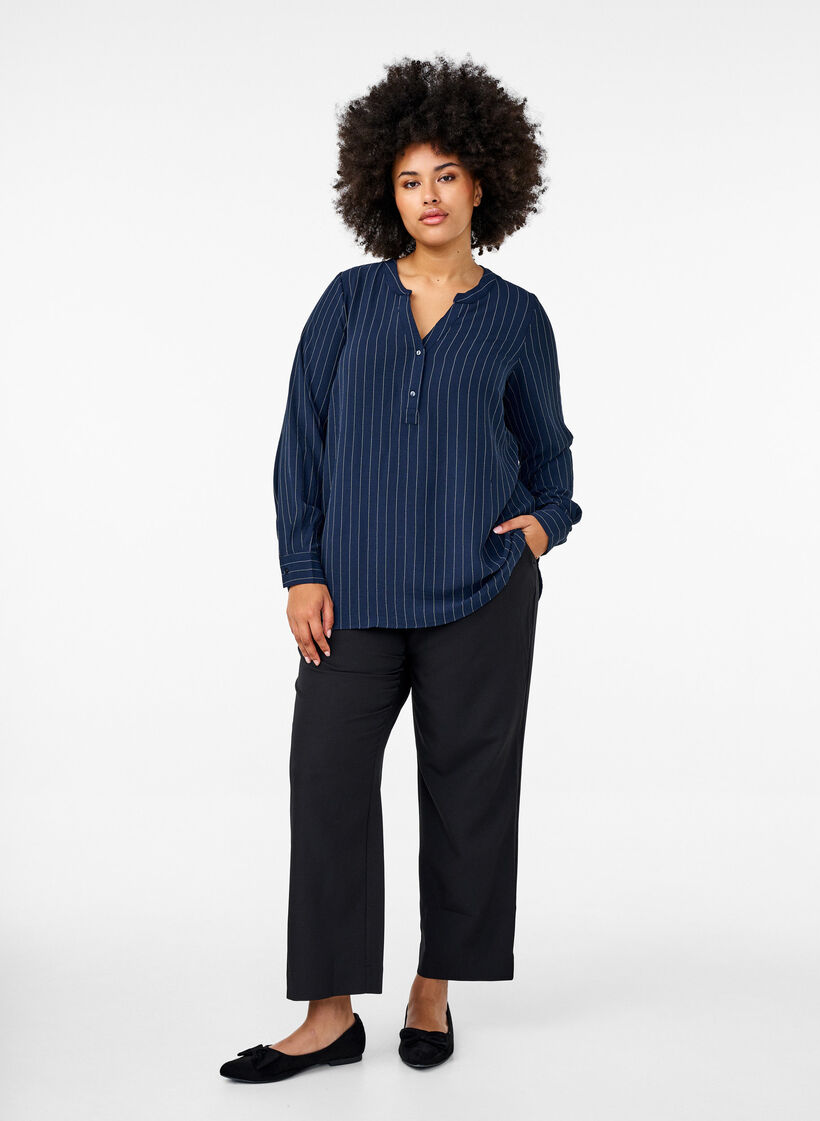 Pinstripe shirt blouse, Blue, Model image number 1