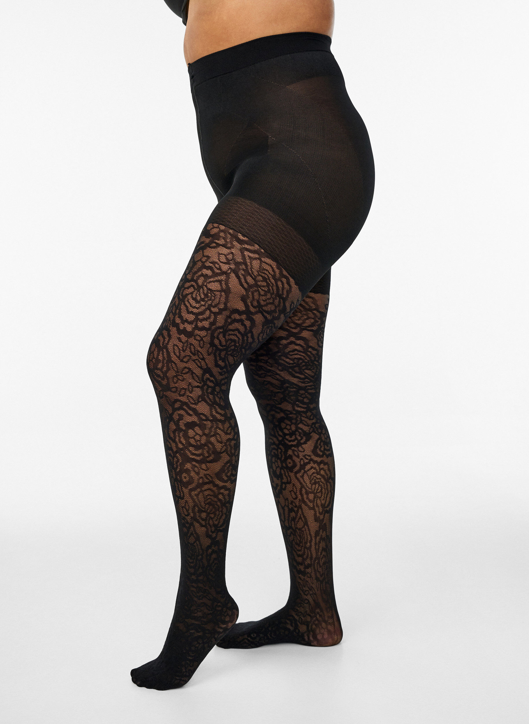 Zizzifashion 70 denier push-up tights with rose pattern, Black, Model image number 0